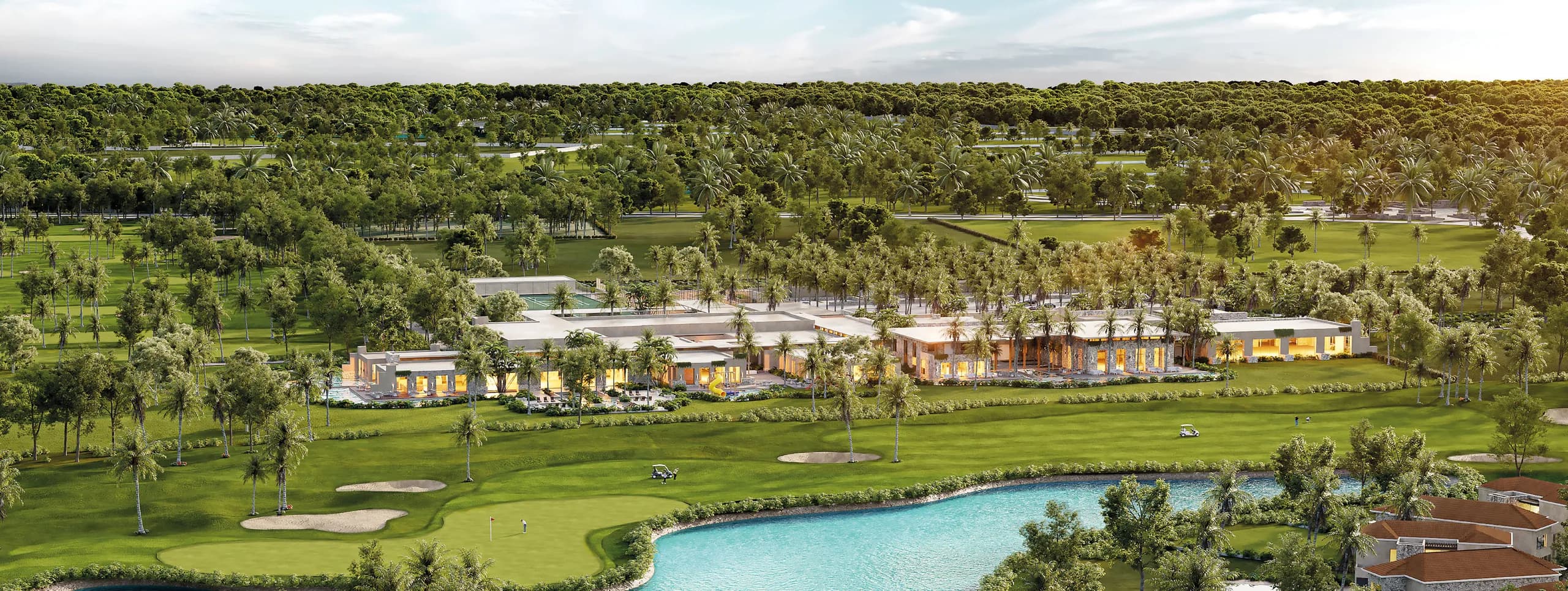 Vista aérea de Country Lakes — campo de golf, lagos y reservas naturales