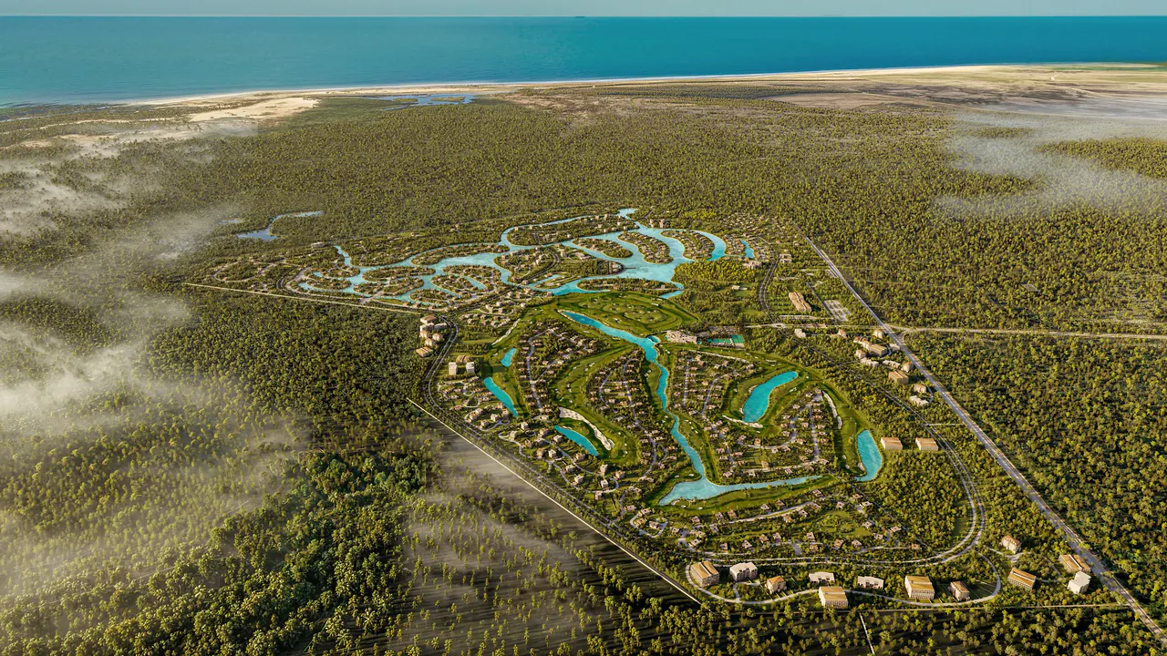 Aerial view of Country Lakes: lakes, golf course and private enclaves set in the jungle, with the Yucatán coast on the horizon