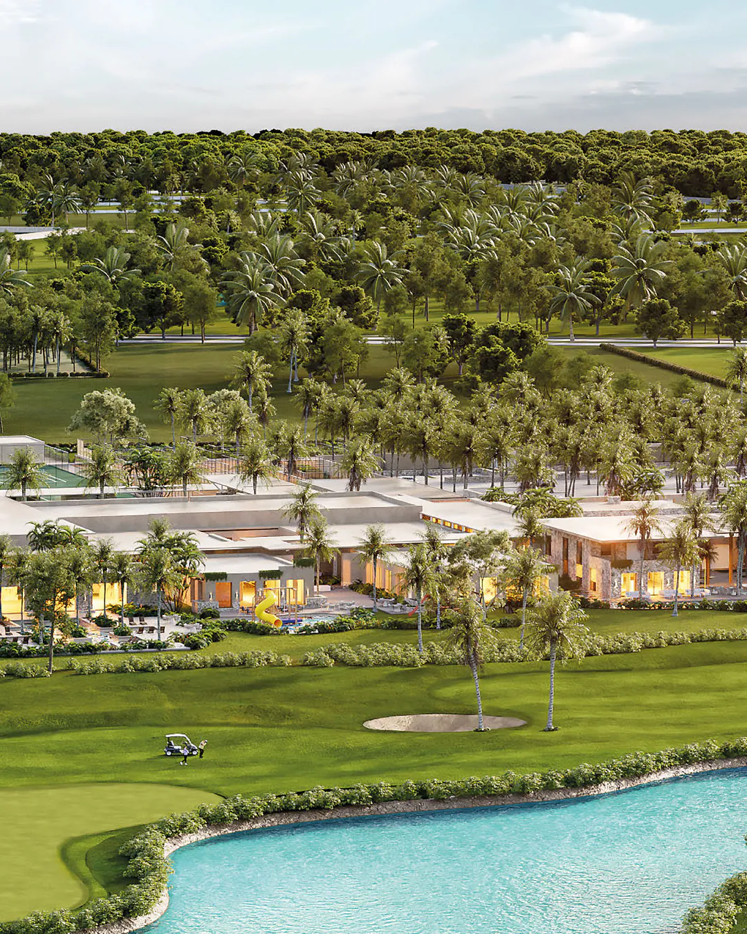 Country Lakes golf course with a lake and the Golf Club clubhouse among palm trees