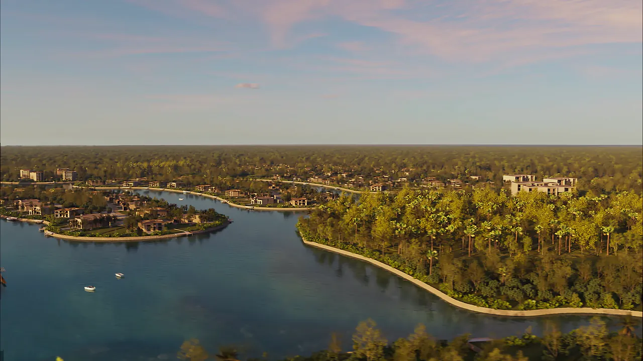 Sunset aerial view of the navigable lakes of Country Lakes, with residential islands surrounded by jungle