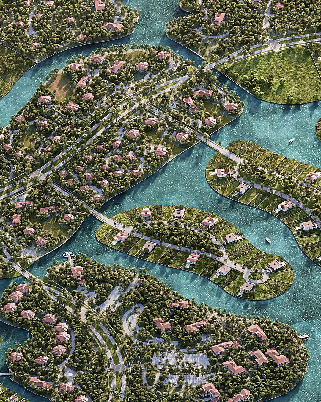 Aerial view of Country Lakes' navigable lakes with residential islands and docks