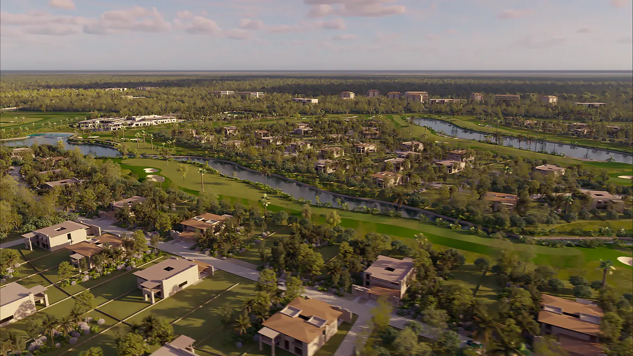 Rendering of Country Lakes residences among gardens, beside a canal and the golf course, currently in development